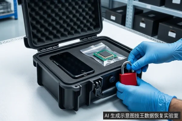 白色桌面上,一个打开的黑色防震箱内平放一部黑色智能手机和一块装在防静电袋内的绿色芯片。前景一双戴蓝色手套的手正在将一把红色挂锁挂到箱体锁扣上。背景为模糊的货架和黑色包装盒。
