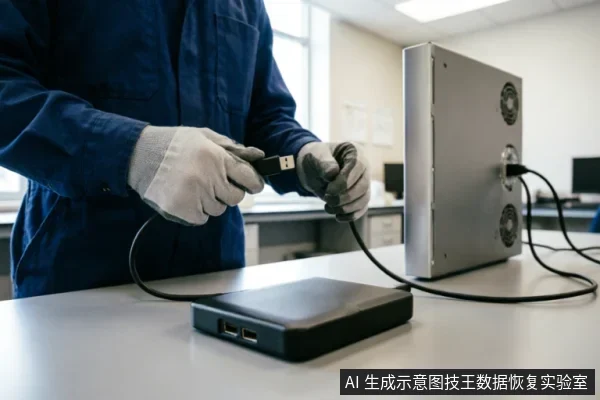 身穿蓝色工装并佩戴防护手套的技术人员，正手持USB数据线准备将其连接至桌面上的黑色外置硬盘盒。背景中可见一台带有散热风扇的银色金属设备，展示了硬件排查时的连接操作场景。