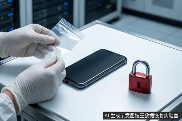 白色桌面上,前景一双戴白手套的手持透明防静电袋,旁边平放一部黑色智能手机,右侧立着一把红色挂锁。背景为模糊的服务器机柜。