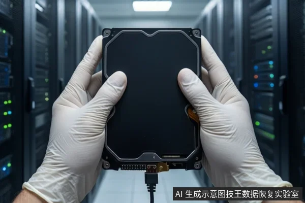 服务器机房走廊内,一双戴白色手套的手正握持一块黑色硬盘,硬盘底部接口处连接着一根黑色线缆。