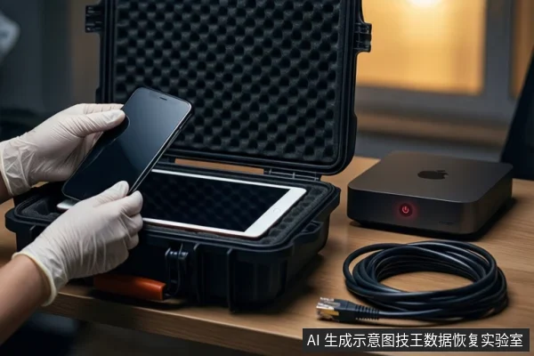 木质桌面上,一双戴白手套的手正将一部黑色智能手机放入打开的黑色防震箱中,箱内已固定一台白色平板电脑。右侧放置一台亮红灯的黑色Mac mini主机和一根盘绕的黑色线缆。