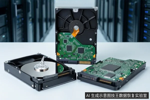 白色桌面上陈列三块机械硬盘组件:左侧为打开外壳的硬盘,中间立放带风扇的硬盘,右侧平放绿色电路板。背景为模糊的服务器机柜。