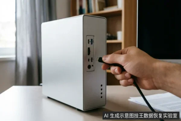 一只手正将黑色数据线插入银色迷你主机前置面板的接口中,背景为模糊的书柜和桌面纸张,展示了连接外部设备或更换接口的操作场景。