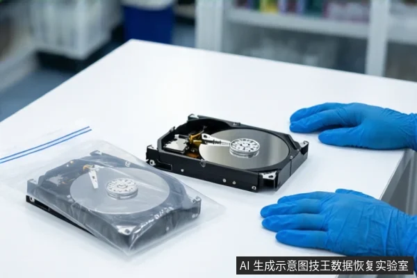 白色桌面上,左侧透明防静电袋内装有一块机械硬盘,中间平放一块打开外壳的机械硬盘,可见盘片与磁头臂。右侧一双戴蓝色手套的手平放在桌面上,背景为模糊的实验室环境。