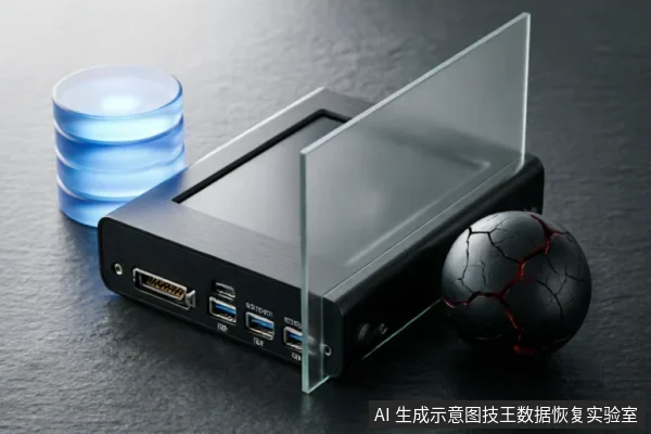 图片展示了一个黑色移动硬盘，侧面带有HDMI及USB接口。设备前方竖立一块透明玻璃板作为隔离屏障，左侧悬浮着发光的蓝色数据库圆柱体图标，右侧放置一个表面布满裂纹且内部透出红光的黑色球体，象征数据损坏或风险。