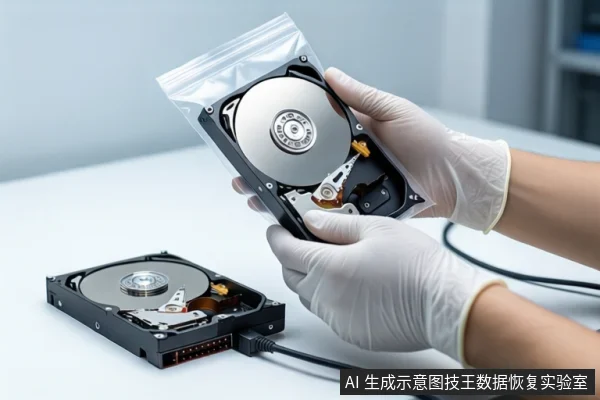白色桌面上,一双戴白色手套的手持握装有机械硬盘的透明防静电袋,袋内硬盘露出盘片与磁头组件。左下方平放另一块打开外壳的机械硬盘,连接着黑色线缆。