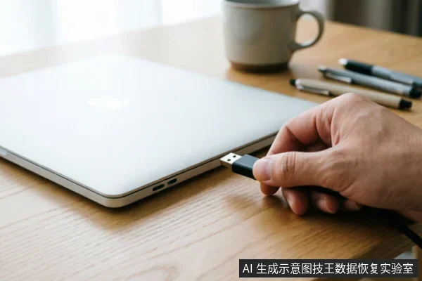 一只手持USB数据线正准备插入银色笔记本电脑侧面的接口，背景为木质桌面、马克杯及几支笔，展示了检查外部物理连接的场景。