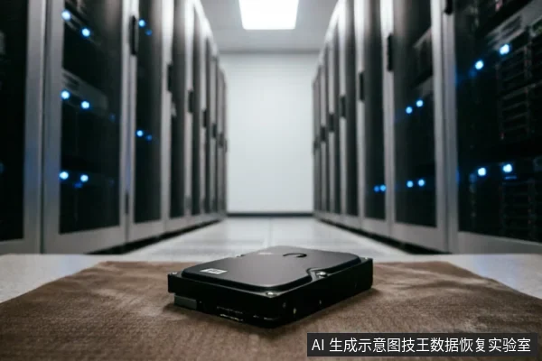 一块黑色的机械硬盘静置在棕色绒布上，背景是虚化的服务器机房通道，两侧排列着带有蓝色指示灯的机柜。画面展示了数据恢复场景中待检测的存储介质主体。