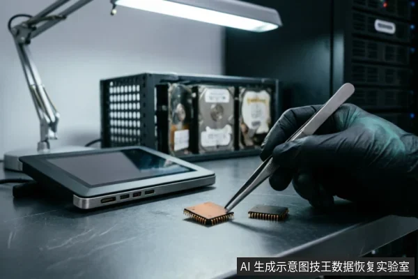 戴黑色手套的手使用镊子夹取桌面上的裸露芯片,背景可见多盘位硬盘阵列、平板电脑及工作台灯,呈现专业硬件检测或数据恢复实验室场景。