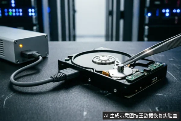 特写镜头展示一个已打开外壳的机械硬盘,一把金属镊子正在接触内部磁头组件。硬盘连接着数据线和一个亮着橙色指示灯的银色外接设备,背景为模糊的服务器机架环境,暗示专业硬件检测或物理维修场景。