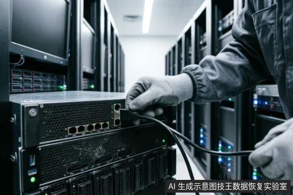 一名身穿工装、戴着手套的技术人员在服务器机房环境中，正将一根黑色网络线缆插入机架式服务器的接口。背景可见排列整齐的服务器机柜及闪烁的蓝色指示灯，展示了专业的硬件连接操作场景。