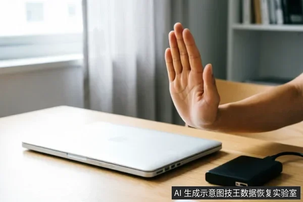 画面展示了一只手在木质桌面上做出明显的停止手势,掌心向外。前景放置着一台闭合的银色笔记本电脑和一个黑色的外接硬盘盒(或移动硬盘),背景为模糊的室内环境。该图像直观地传达了“立即停止操作”或“断开连接”的指令。