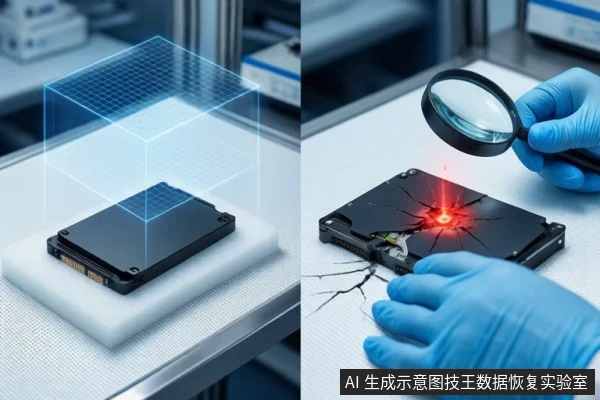 画面分为左右两部分,左侧白色泡沫垫上平放一块黑色固态硬盘,上方覆盖蓝色半透明网格立方体;右侧戴蓝色手套的手持放大镜观察一块表面布满裂纹、中心发红的机械硬盘。