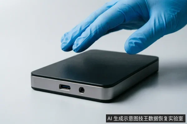 一只戴着蓝色防护手套的手悬停在一台黑银配色的移动硬盘上方，设备侧面清晰可见USB接口和圆形插孔，背景为纯净的灰白色，无其他杂物。