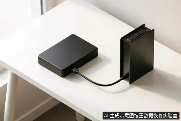 白色桌面上放置着一个黑色的移动硬盘盒,通过一根黑色数据线连接至右侧竖立的黑色设备底座,展示了外接存储设备与电源或转接端的物理连接状态。