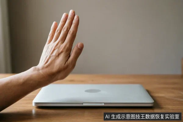 A hand raised in a stop gesture over a closed silver laptop on a wooden desk, symbolizing the prohibition of active usage or scanning on a failing device.