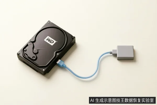 画面展示了一块带有WD标志的黑色机械硬盘,通过蓝色USB数据线连接到一个灰色的外部适配器或转接盒上,平放在白色背景中。该图直观展示了硬盘的外部连接状态及排查接口链路的场景。