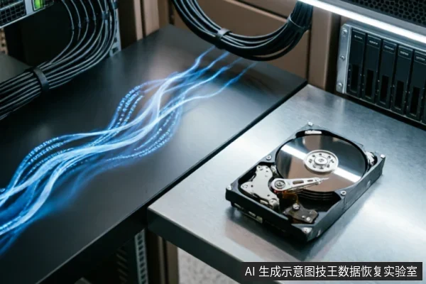 画面展示了一个打开外壳的机械硬盘放置在金属工作台上,背景可见服务器机柜与整齐捆扎的黑色线缆。蓝色的数字化光流从左侧延伸至硬盘位置,象征数据读取或信号传输过程,呈现出专业数据恢复实验室的硬件检测环境。