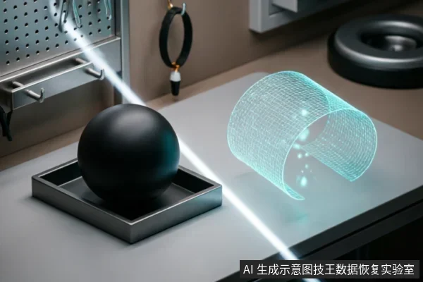 画面展示了一个放置在金属托盘上的黑色球体,一道明亮的激光束穿过球体,在右侧投射出一个发光的青色线框圆柱体结构。背景为带有挂架和工具的工作台,呈现出精密检测或物理扫描的实验室场景。