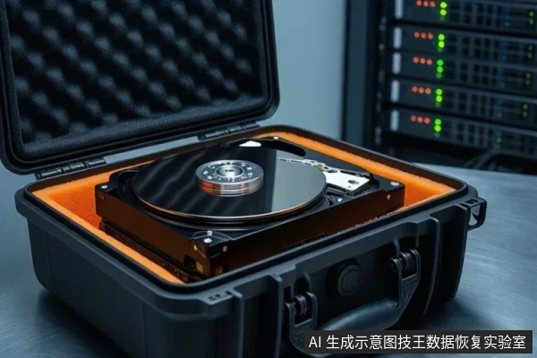 一个打开的黑色防护箱内放置着裸露的机械硬盘，盘片与主轴清晰可见，背景为带指示灯的机架设备。