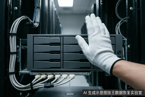 画面展示了一名佩戴白色防静电手套的技术人员,正在服务器机柜中操作或检查一个多盘位硬盘阵列柜。设备下方连接着整齐的白色数据线,背景为典型的数据中心环境,体现了专业存储设备的维护场景。