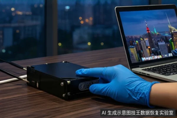 深色木桌上,一只戴蓝色手套的手正按压一个黑色外接硬盘盒的顶部,旁边有一台银色笔记本电脑,屏幕显示城市夜景。背景是模糊的城市夜景。