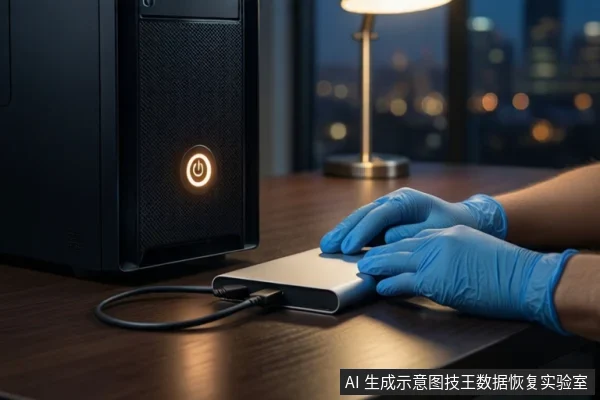 Blue-gloved hands rest on a silver drive connected to a black PC tower on a desk.