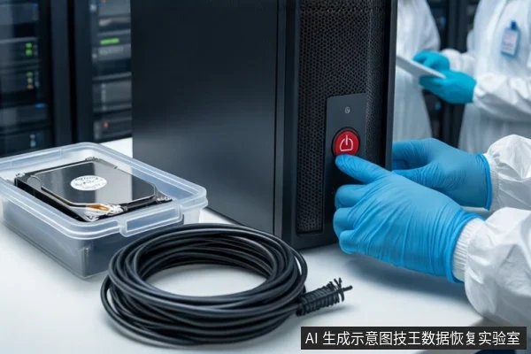洁净室白色桌面上,戴蓝色手套的双手正按压黑色塔式主机正面的红色电源按钮。左侧透明盒内平放一块裸露机械硬盘,前景盘绕着黑色数据线。背景为模糊的服务器机柜和穿无尘服的技术人员。