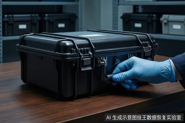 深色木桌上平放一个闭合的黑色防震箱,右侧一只戴蓝色手套的手握住箱体把手。背景为模糊的货架和多个黑色箱体。