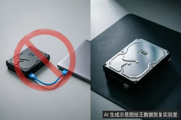 图片分为左右两部分。左侧展示一块通过蓝色数据线连接至笔记本电脑的硬盘,表面覆盖巨大的红色禁止符号,示意严禁通电或连接操作;右侧展示一块WD品牌机械硬盘静置于深色垫面上,处于断电闲置状态,象征保护原始介质与停止危险操作。