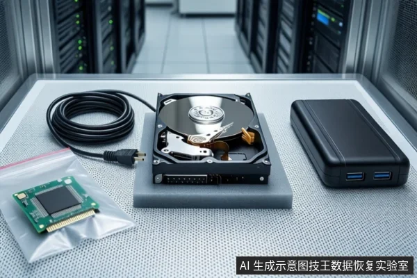 灰色防静电工作台上,中间平放一块打开外壳的机械硬盘,左侧有一根盘绕的黑色线缆和一个装有绿色电路板的防静电袋,右侧立放一个黑色外接硬盘盒。背景为模糊的服务器机柜。