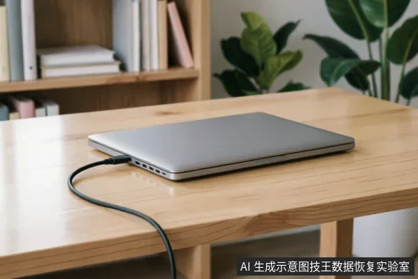 一台银色笔记本电脑闭合放置在浅色木纹桌面上,机身左侧接口处连接着一根黑色数据线,线缆自然垂落。背景为模糊的书架和绿色植物,呈现出简洁的办公或居家环境。