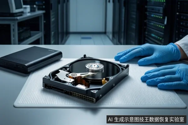 白色防静电垫上平放一块打开外壳的机械硬盘，左侧有一个黑色外接硬盘盒，右侧一双戴蓝色手套的手平放在桌面上，背景为模糊的服务器机柜。