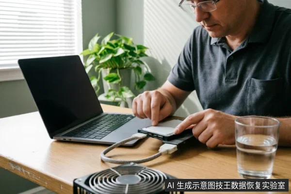一名戴眼镜的男子在木质桌前,正将一块3.5英寸机械硬盘连接至外部USB转接盒。旁边放置着一台笔记本电脑、一个黑色散热风扇和一杯水,背景有绿植,展示了数据恢复检测时的硬件连接环境。
