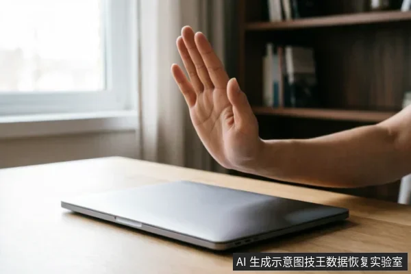 一只手掌在闭合的笔记本电脑前做出明确的停止手势,示意拒绝操作或暂停使用。背景为模糊的室内书架与窗户,强调在硬盘故障时保持静止、避免进一步干预的安全原则。