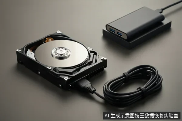 灰色桌面上放置一块裸露的机械硬盘,旁边有一根黑色数据线和两个带有蓝色接口的黑色USB扩展坞。