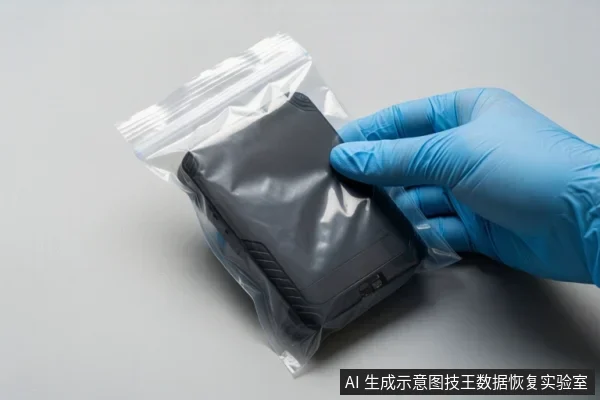 灰色桌面上,一只戴蓝色手套的手正拿着一个装有黑色移动硬盘的透明自封袋。