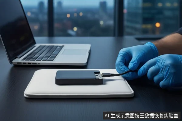 深色桌面上,左侧有一台银色笔记本电脑,中间白色垫子上平放一个黑色移动硬盘,右侧一双戴蓝色手套的手正持握一根黑色USB线缆,背景为模糊的城市夜景。