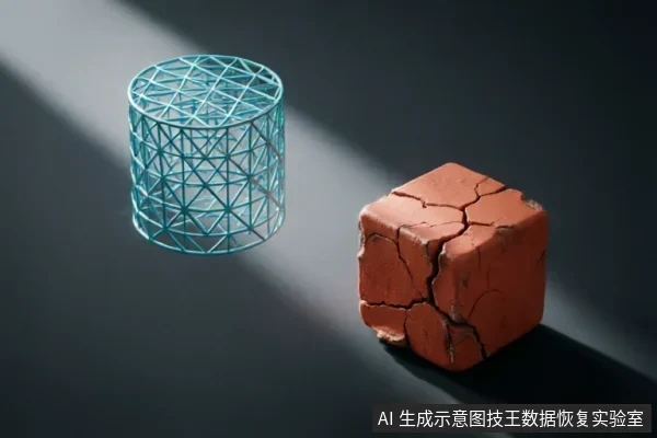 深灰色背景上,一道光束斜射照亮两个物体:左侧是一个悬浮的蓝色几何网格圆柱体,右侧是一块表面布满裂纹的红褐色方块。画面通过抽象的几何形态与材质对比,隐喻数字结构与物理介质的状态差异。