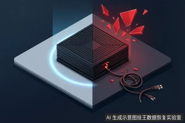 一块黑色层叠式存储设备置于分色台面上,左侧蓝色光环,右侧红色裂纹与碎片,连接线缆接口处有红色火花。
