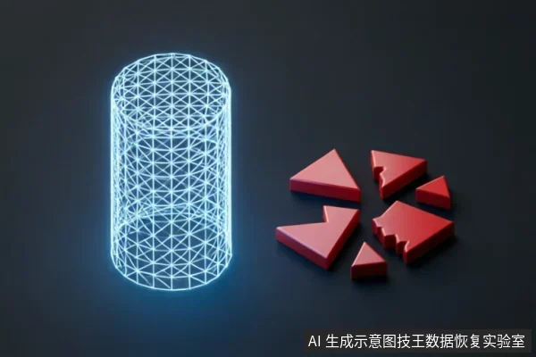 画面左侧为一个发光的蓝色线框圆柱体,象征完整的原始数据或存储介质;右侧散落着几块红色的几何碎片,代表从原始介质中提取、修复或重组后的独立数据块。
