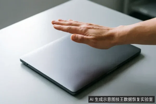 一只手掌悬停在闭合的银灰色笔记本电脑上方，做出停止或拒绝的手势。画面主体清晰，无屏幕文字，象征在硬盘故障时立即断电、禁止写入及停止操作的紧急处理原则。