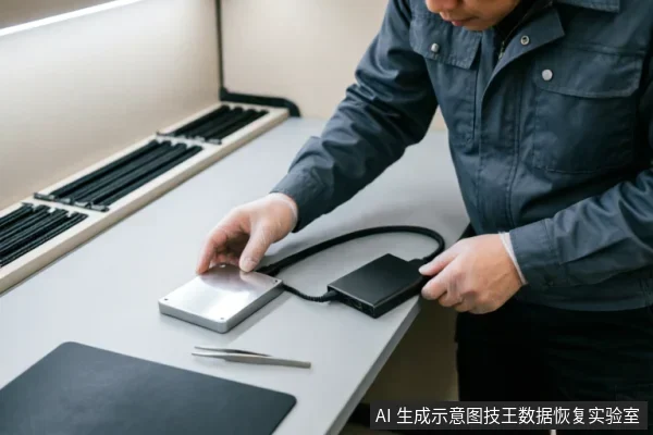 一名身穿深色工装的技术人员正在操作台上连接硬盘设备。他左手扶着一块银色金属外壳的3.5英寸机械硬盘，右手握持黑色的USB移动硬盘盒或只读隔离器，准备通过线缆将其与硬盘连接。桌面上还放置有黑色防静电垫和一把金属镊子，背景可见理线槽，整体呈现专业的数据恢复检测环境。