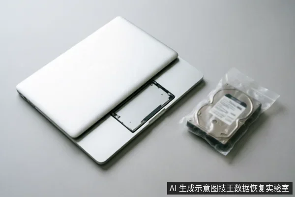 一台白色笔记本电脑后盖被打开,露出内部的硬盘安装位,旁边放置着一个装在防静电袋中的机械硬盘,展示了笔记本加装或更换硬盘的硬件准备场景。