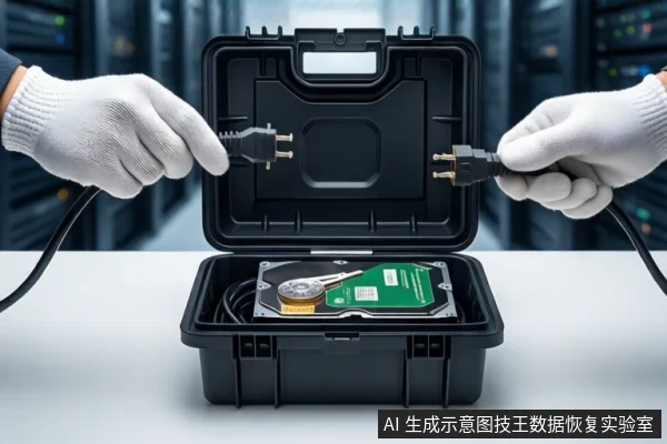 白色桌面上放置一个打开的黑色防震箱,箱内固定着一块机械硬盘。一双戴白色手套的手正分别握持两根黑色电源线的插头,悬停在防震箱上方。背景为模糊的服务器机柜。