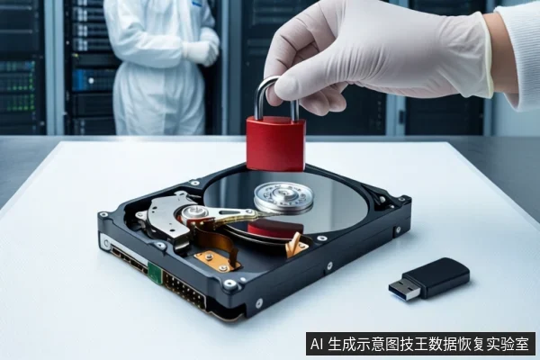 洁净室白色桌面上平放一块打开外壳的机械硬盘,前景一只戴白手套的手持红色挂锁悬停在硬盘上方。右侧平放一个黑色U盘。背景中一名穿无尘服的技术人员站在服务器机柜旁。