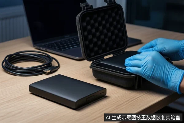木质桌面上，一双戴蓝色手套的手正将一块黑色移动硬盘放入打开的黑色防震箱中。左侧平放另一块硬盘和一根盘绕的USB线缆，背景是一台笔记本电脑。