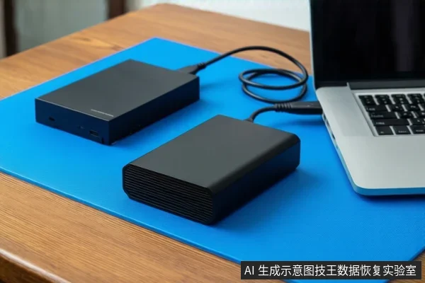 木质桌面上铺着蓝色防静电垫,垫子上平放两个黑色外接硬盘盒,右侧有一台打开的笔记本电脑,黑色线缆连接硬盘盒与电脑。