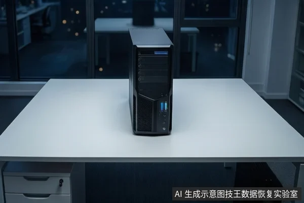 白色桌面上竖立一台黑色塔式主机,背景为模糊的窗户和室内环境,画面右下角有固定标识。