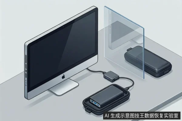 桌面上有一台一体机显示器，旁边通过线缆连接一个小型接口盒，再连接两个装在黑色保护盒中的硬盘，其中一块硬盘旁立着一块透明挡板。